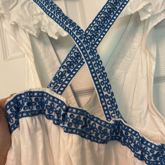 JCREW WOMENS MAXI LENGTH LINEN COTTON BLEND PLUNGE V NECK DRESS WHITE BLUE LARGE - Picture 9 of 10